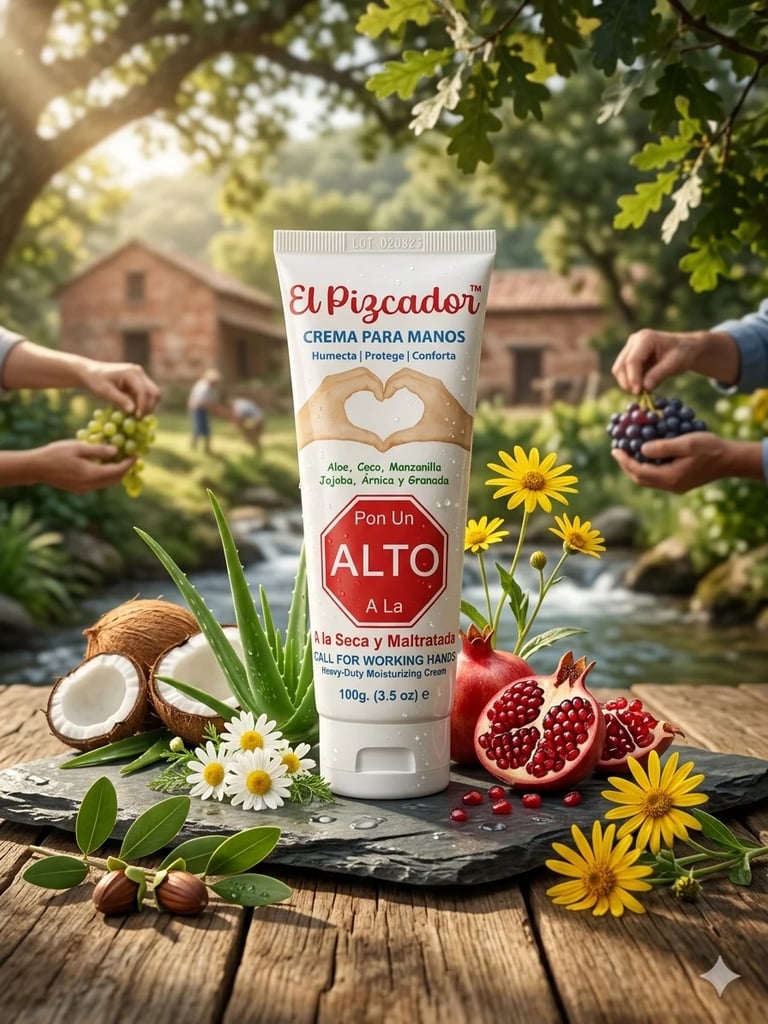 El Piscador hand cream tube displayed with natural ingredients like coconut, pomegranate, and daisies in a garden setting