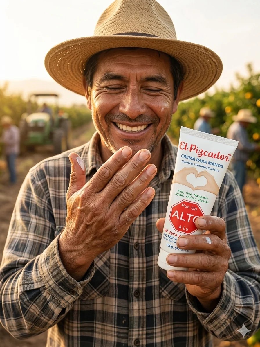 Smiling farmer in straw hat holding dairy product package in field with crops and workers in background